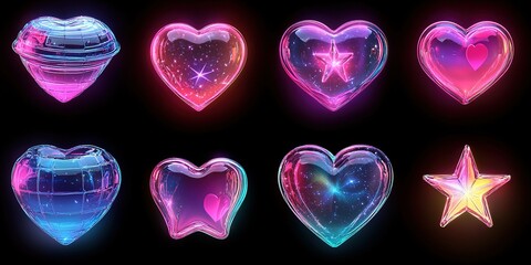 Poster - Colorful glowing heart and star shapes in vibrant pink and blue tones against a dark background