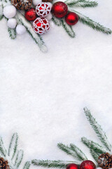 Wall Mural - christmas decoration. christmas red ball knitted with white threads, cone pine and christmas tree in