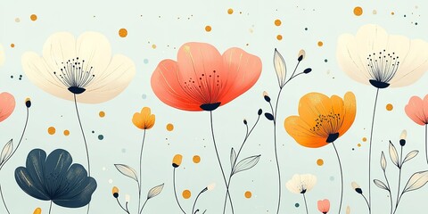 Poster - Colorful floral design featuring various flowers against a light blue background in a modern artistic style