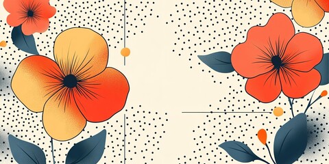 Poster - Bright floral pattern featuring blooming orange and yellow flowers with green leaves on a speckled background