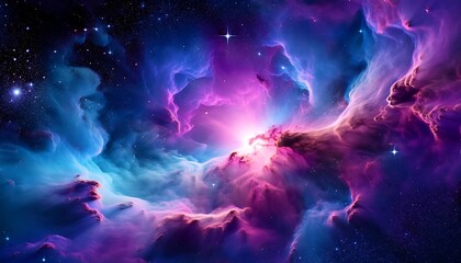 Wall Mural - Dynamic nebula artwork showcases swirling interstellar clouds in vibrant shades of magenta and turquoise. Generative AI
