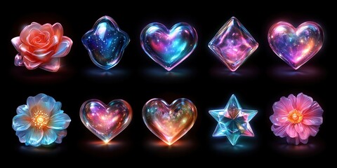 Poster - Colorful glowing crystals and floral shapes in various designs against a dark background