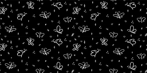 Poster - Seamless pattern with handdrrawn butterflies. Contour drawn cute moth insect background. Doodle scribble hearts and butterfly, children style drawing. Nature classy vector repeating monochrome patern.