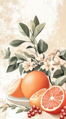 Wall Mural - Colorful citrus fruits with flowers arranged on a light background showcasing freshness and vibrancy