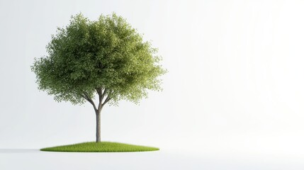 Wall Mural - Lonely tree stands on green grass with soft white background in serene setting