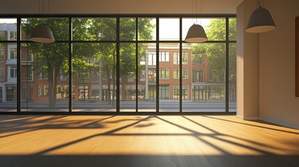 Wall Mural - Sunlit empty room with large windows overlooking a city street.