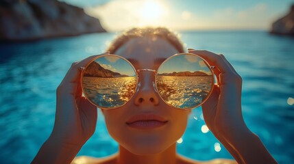 Aufkleber - A woman holds her sunglasses, showing the calm ocean and setting sun reflected in the lenses. The scene captures relaxation and natural beauty.