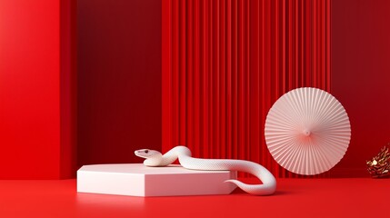 Poster - white snake on a white platform against a striking red backdrop with decorative elements