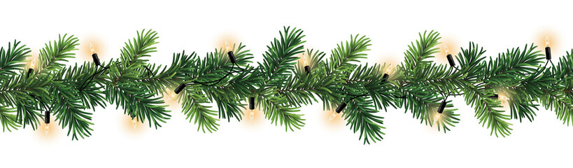 Wall Mural - seamless decorative christmas border with lights garland and coniferous branches isolated on transpa
