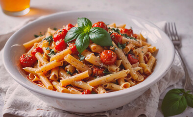 Poster - Bowl of pasta with tomatoes and basil. The pasta is long and the sauce is red. There is a fork on the left side of the bowl