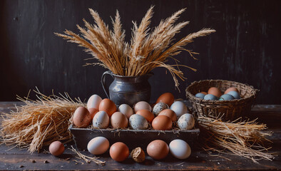 Poster - Table is covered with a basket full of eggs and a vase filled with straw. The eggs are of various sizes and colors, and the straw is scattered around the basket and vase