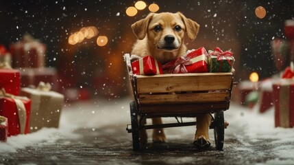 Sticker - Adorable puppy in a wooden cart filled with Christmas presents, snowy background.