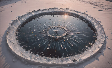 Poster - Large circle of ice and water. The water is blue and the ice is white. The sun is shining on the water