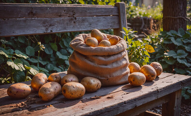 Poster - Bag of potatoes is sitting on a wooden bench. There are many potatoes in the bag