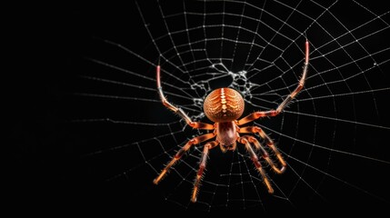Orange spider in intricate web against black background.
