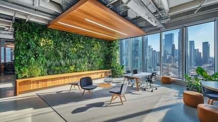 Wall Mural - Modern office interior with city view, green wall, and comfortable seating.