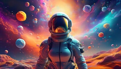 Wall Mural - Astronaut explores vibrant galaxy filled with colorful glowing bubbles and alien encounters in deep space. Generative AI