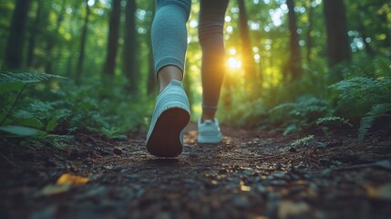 Poster - A person walks along a dirt path in a lush forest, sunlight filters through the trees, creating a peaceful and vibrant atmosphere throughout the scene.