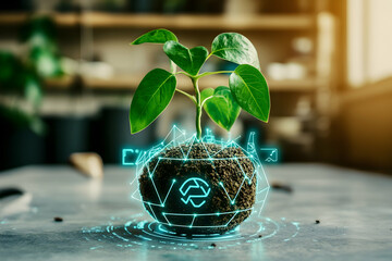 Wall Mural - Young plant in soil sphere with recycling symbol and digital overlay.