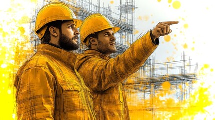 Poster - Construction workers discussing project details at a building site during the day