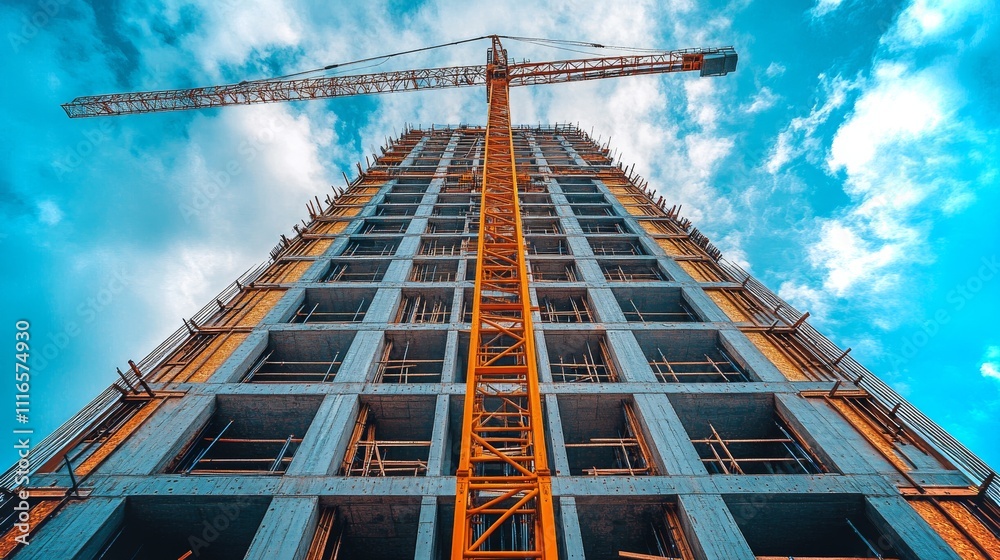 Panoramic view of a construction site showcasing crane and building ...