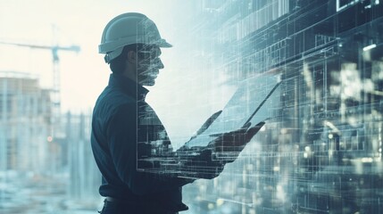 Poster - A construction engineer stands in profile, immersed in augmented reality, analyzing project data on a digital tablet at a bustling construction site during the late afternoon