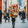 © FATNA - Young man struggling to carry a large pile of Christmas presents in a busy shopping mall
