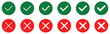 © EN ESHAN KHAN - green tick and red cross button set. Isolated checkmark symbol, right and wrong sign concept. Check box icon with right and wrong buttons. yes or no checkmark icons in green tick box and red cross.
