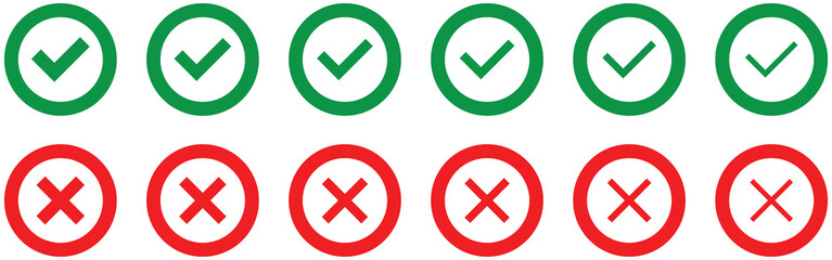 Wall Mural - Check mark icon button set. Check box icon with right and wrong buttons. yes or no checkmark icons in green tick box and red cross. 