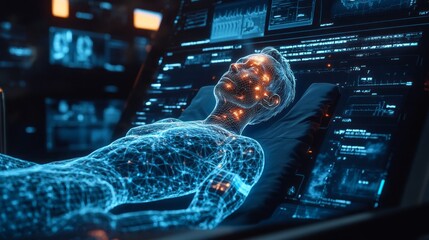 Aufkleber - A lifelike digital twin of a human lies calmly within a high-tech chamber, surrounded by glowing interfaces and complex data displays, merging technology and humanity in perfect harmony