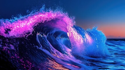 Wall Mural - Vibrant neon pink and blue ocean wave crashing at sunset.