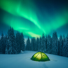 Wall Mural - fairy winter forest with green tent lighted from the inside against the backdrop of incredible starr
