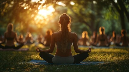 Aufkleber - A group of individuals practices yoga together in a peaceful park as the sun sets, creating a tranquil atmosphere for meditation.