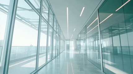 Poster - Modern glass office hallway with bright natural light and city view.