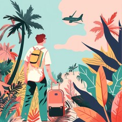 Wall Mural - Man with luggage looks at departing airplane amidst tropical foliage.