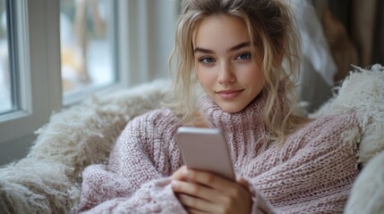Poster - A young woman in a thick, knitted sweater sits comfortably on a cozy couch, focused on her smartphone while enjoying a winter day.