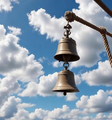 Wall Mural - an old-fashioned metal bell hanging from a rope in front of a cloudy sky with puffy white clouds, mi