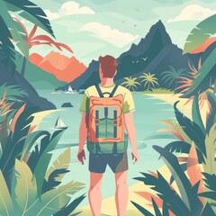 Wall Mural - Man with backpack admiring tropical beach and mountains.