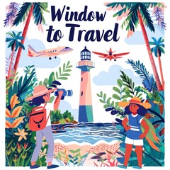 Wall Mural - Two girls on a tropical beach taking photos of a lighthouse and airplanes.