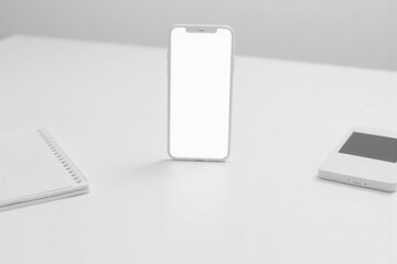 Poster - Minimalist Workspace with Smartphone on Table Ready for Payment Process, Featuring Notepad and Digital Device, Ideal for Payment Technology and Mobile Finance Concepts
