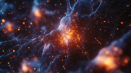 Fototapete - A vibrant portrayal of intricate neural pathways pulsating with energy, showcasing a stunning network of interconnected neurons. This close-up reveals the beauty of science at a microscopic level