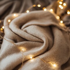 Wall Mural - Cozy Beige Knit Blanket with Fairy Lights Warm Winter Texture