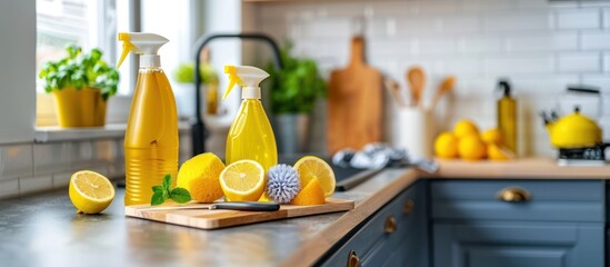 Fresh lemons and cleaning spray bottles on a kitchen counter.