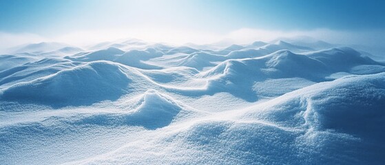 Wall Mural - Snow-draped hills stretch endlessly under a bright blue sky, creating a surreal and serene wintry landscape.