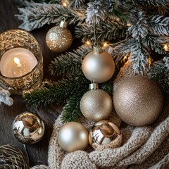 Wall Mural - Cozy Christmas Ornament Decor Gold Beige Candlelight Fir