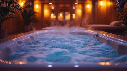 Poster - A modern spa reveals a warm jacuzzi bubbling gently, creating a relaxing haven. The ambient lighting enhances the tranquil atmosphere, perfect for unwinding.
