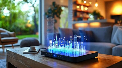 Poster - Innovative home technology showcasing smart data analytics and city visuals in a modern living space