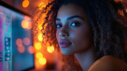 Poster - A young woman with curly hair gazes thoughtfully at her computer screen, illuminated by vibrant lights in a warm, inviting atmosphere during evening hours.