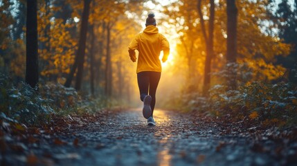 Poster - A jogger in a yellow hoodie runs along a tranquil forest path illuminated by the warm sunlight of early morning. The autumn foliage creates a picturesque setting.