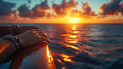 Aufkleber - A serene view of a person resting their hands on the railing of a boat while admiring a colorful sunset, reflecting on the ocean water during the evening.